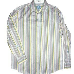 BUGATCHI Uomo Mens XXL Shaped Fit Multi Color Striped Cotton Button Down Shirt